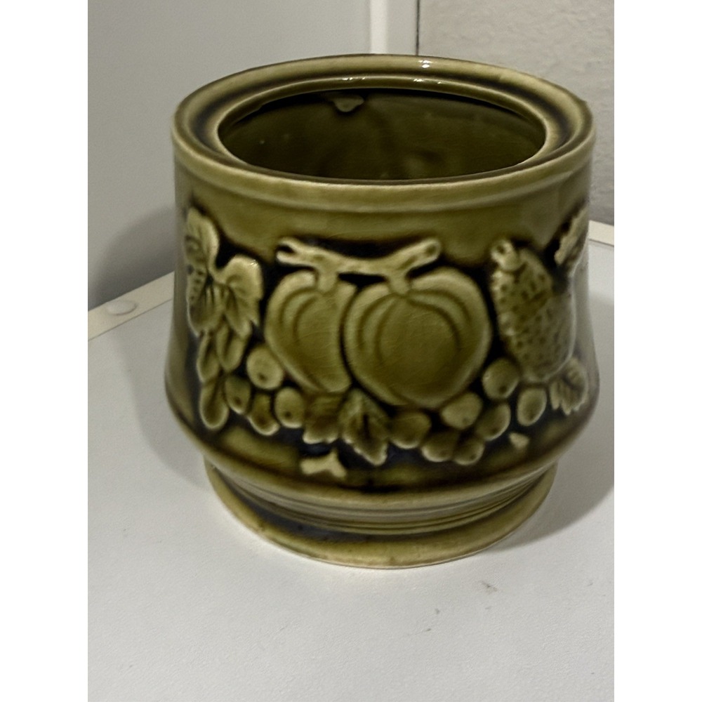 Vintage Ceramic Bowl Olive Green Raised Design Embossed Fruit Made in Japan
